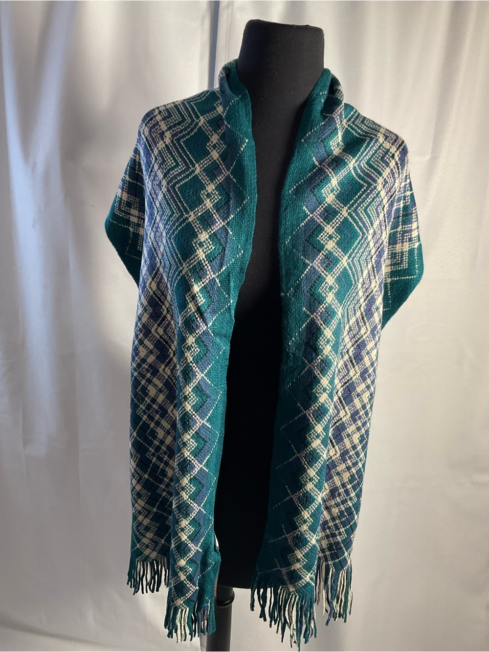 Teal Plaid Fringe Wrap Shawl - Women’s Cozy Layer